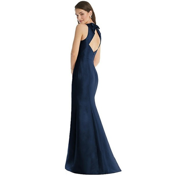 NWT Alfred Sung Princess Line Satin Twill Trumpet Maxi Dress Midnight Navy 16 - Picture 3 of 11